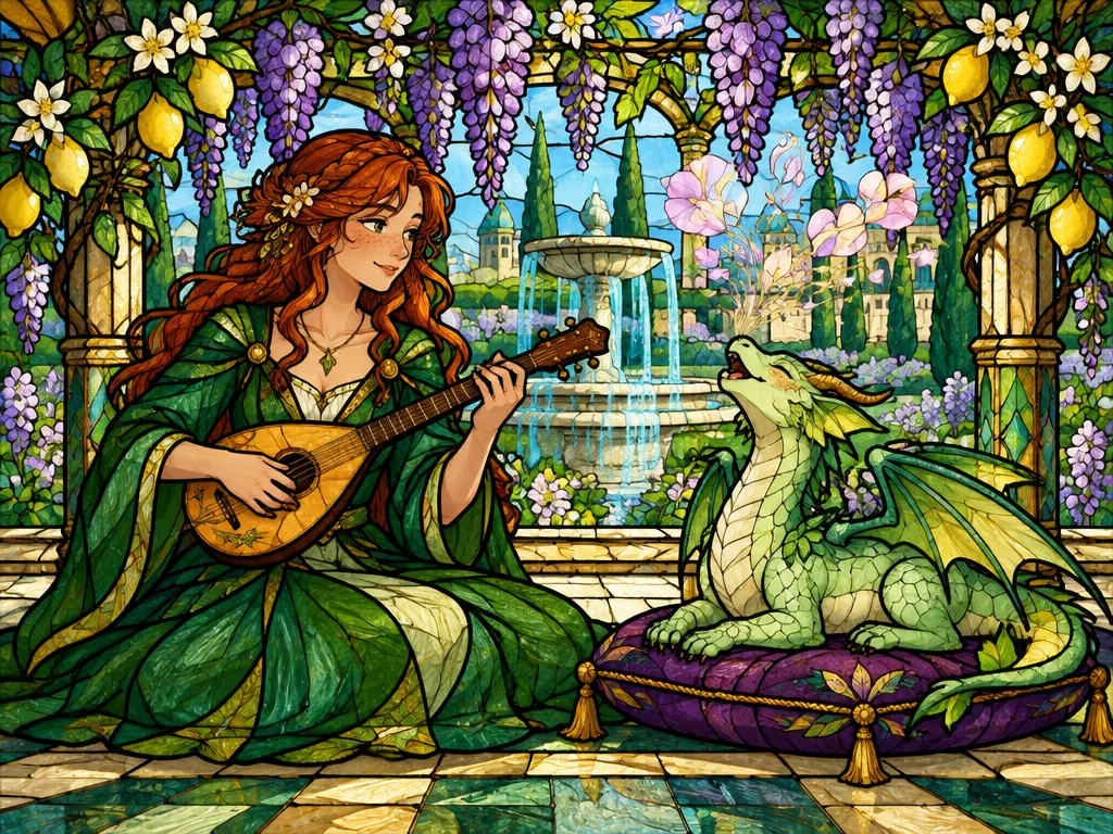 Rosheen memetik alat musik petik di paviliun taman berwisteria, Iolanthe berbaring di bantal dan bernyanyi dengan kepala mendongak.
